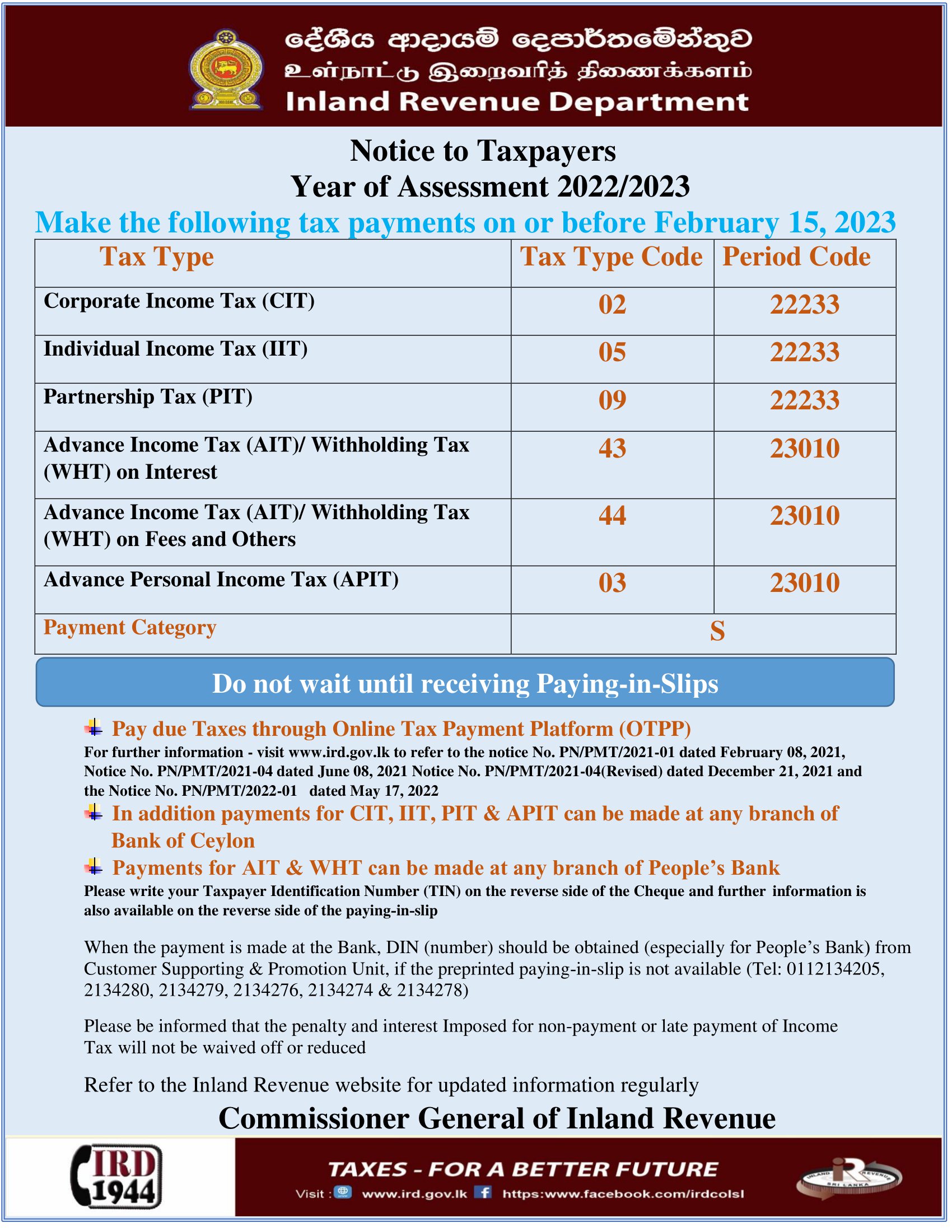 Notice to Taxpayers Year of Assessment 2022/2023